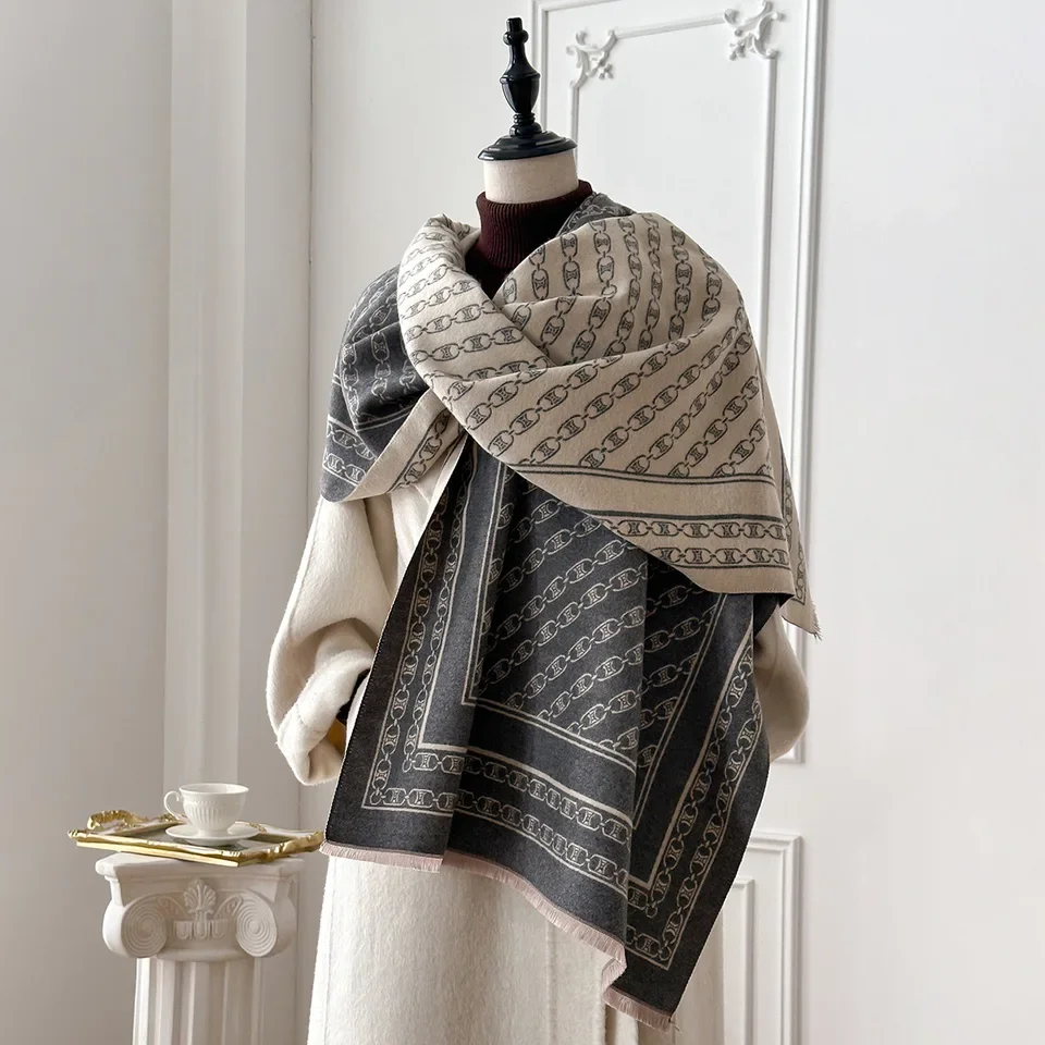 2025 겨울용 여성용 캐시미어 스카프 체인 프린트 파시미나 숄 랩 넥커치프 여성용 부판다 에샤르프 디자인 헤드밴드