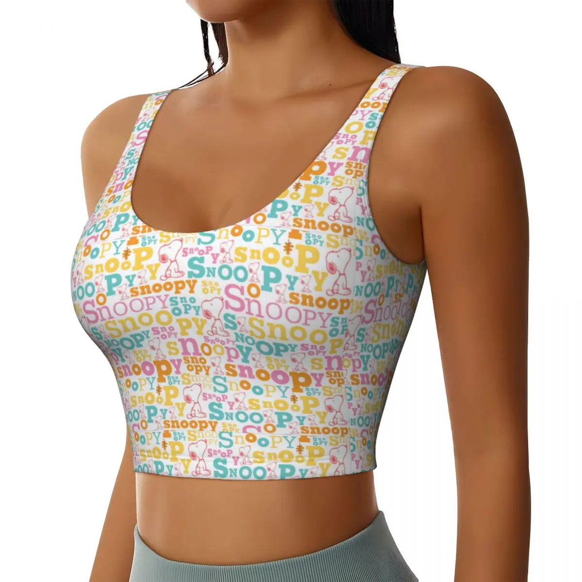 Custom Snoopy Pastel Text Pattern Workout Crop Tank Tops for Women Dog Running Sports Bras