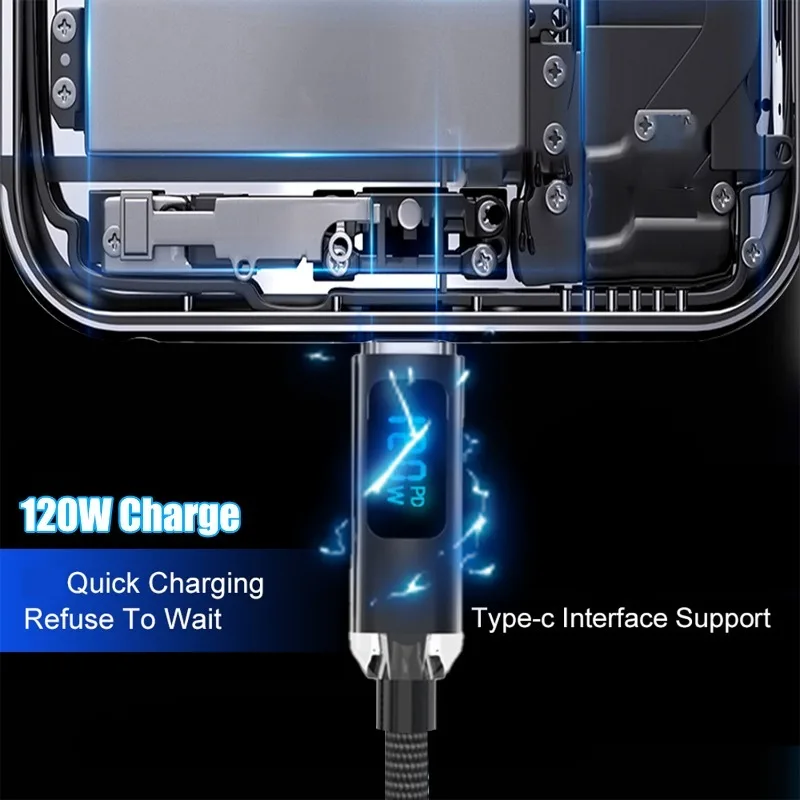 Sturdy Nylon Braided USB Type C Charger Cord 120W High-speed Charging Data Transfer Cables LED Digital Display USB C Wire