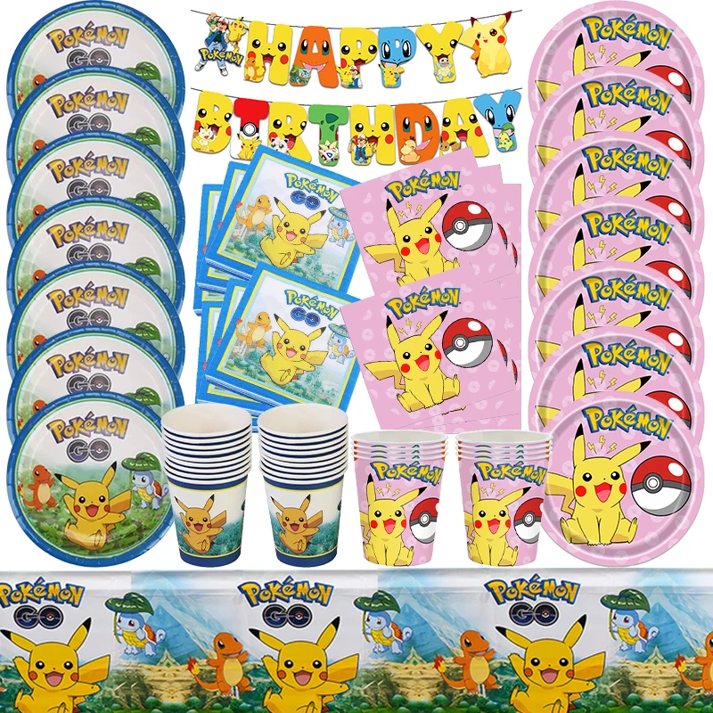 Pokemon Birthday Party Decoration Pikachu Tableware Supplies Paper Cups Plates Tablecloth Backdrop Banner Balloons Baby Favor