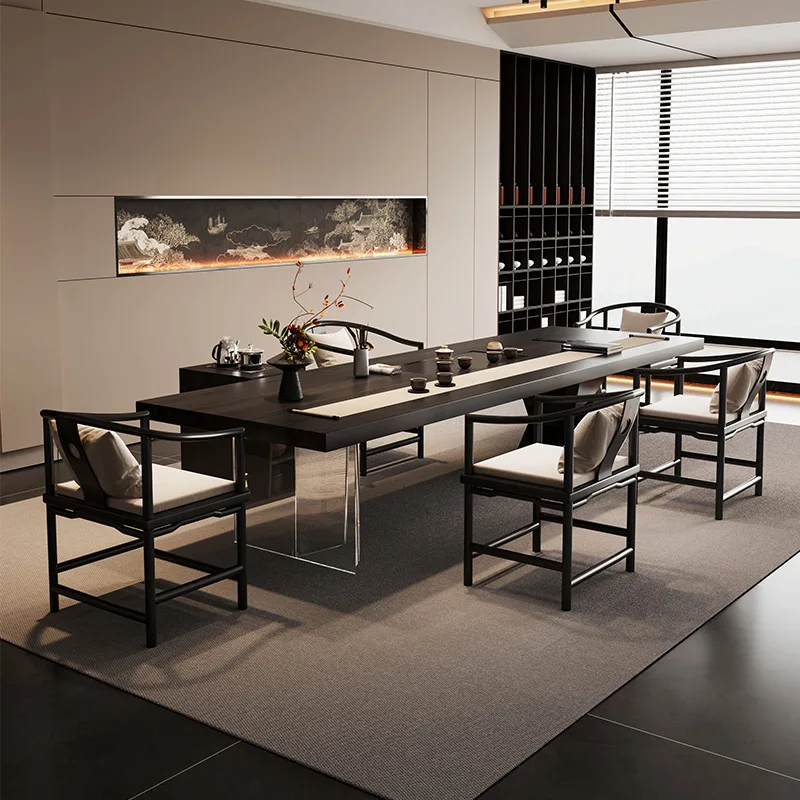 Light luxury solid wood boss office tea table New Chinese home living room tea table Modern simple black tea table and chairs