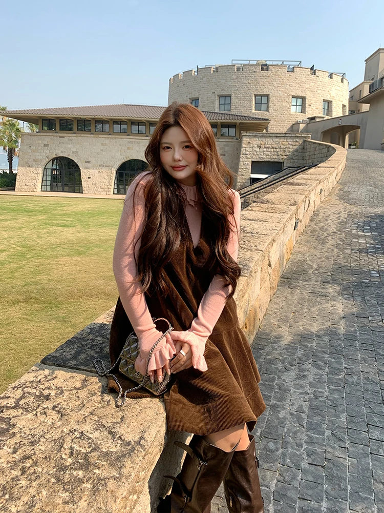 

Женский вельветовый жилет или юбка больших размеров с V-образным вырезом, винтажный, многослойный, повседневный, свободного кроя, из полиэстера