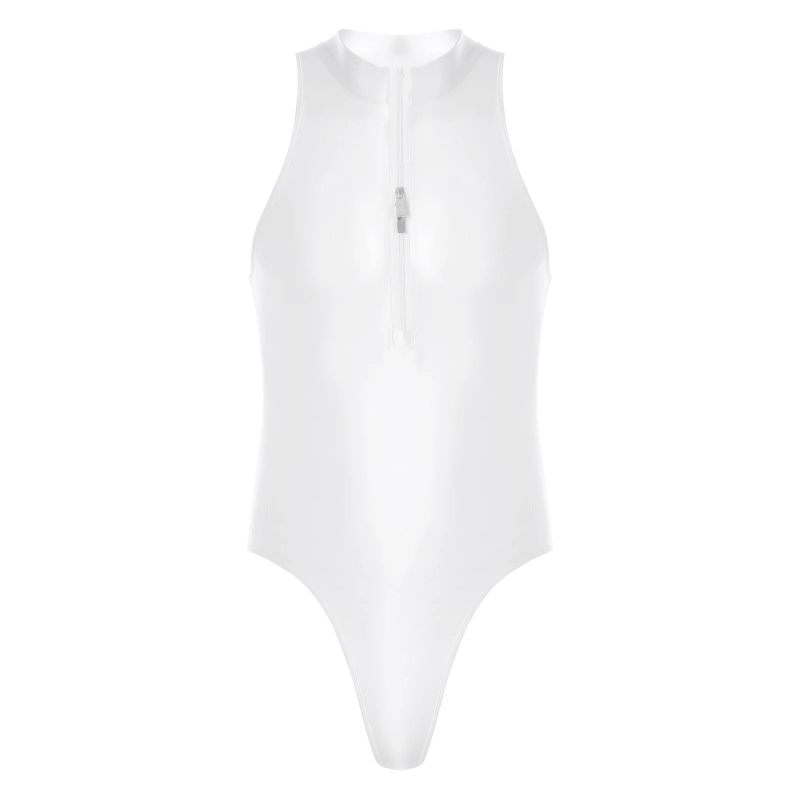 Men's Glossy Sleeveless Bodysuit Solid Color Swimsuit Front Leotard One-Piece Swimwear Hommes Bathing Suits Party Clubwear