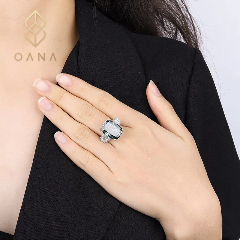 OANA S925 Silver Ladies Ring High Carbon Diamond Burst Flash Ice Cut Fat Rectangular Luxury Jewelry Free Shipping