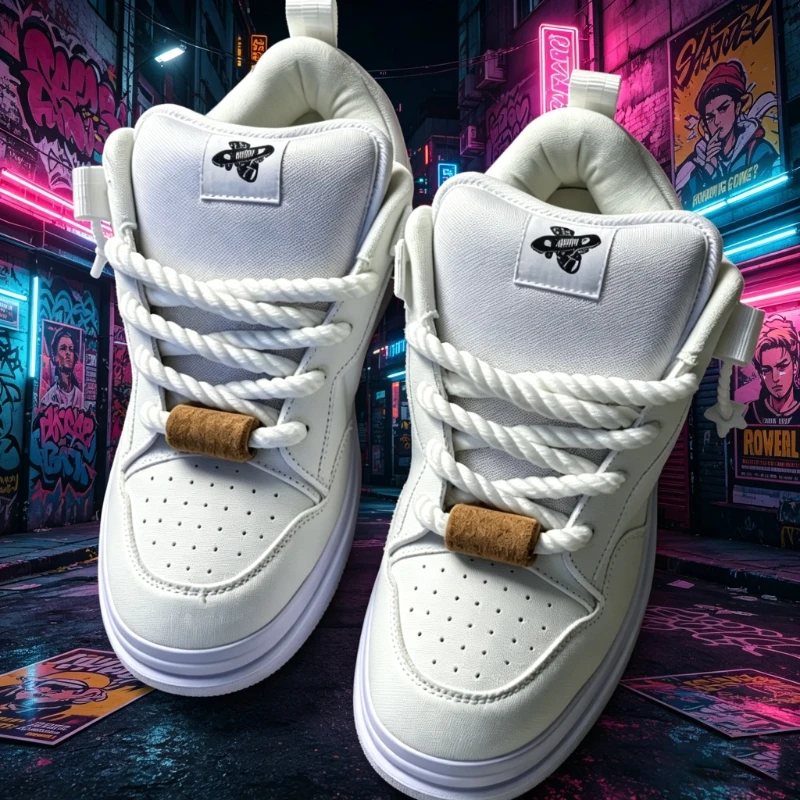 

2026 New Arrival White Chunky Bread Shoes, Thick Rope Lace-Up Low-Top Skate Sneakers, Breathable Non Slip Wear Resistant Plus Si