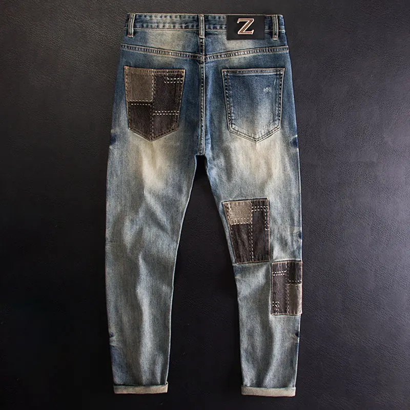Street Fashion Men Jeans Retro Washed Blue Stretch Slim Fit Ripped Jeans Men Patched Designer Hip Hop Vintage Denim Pants Hombre