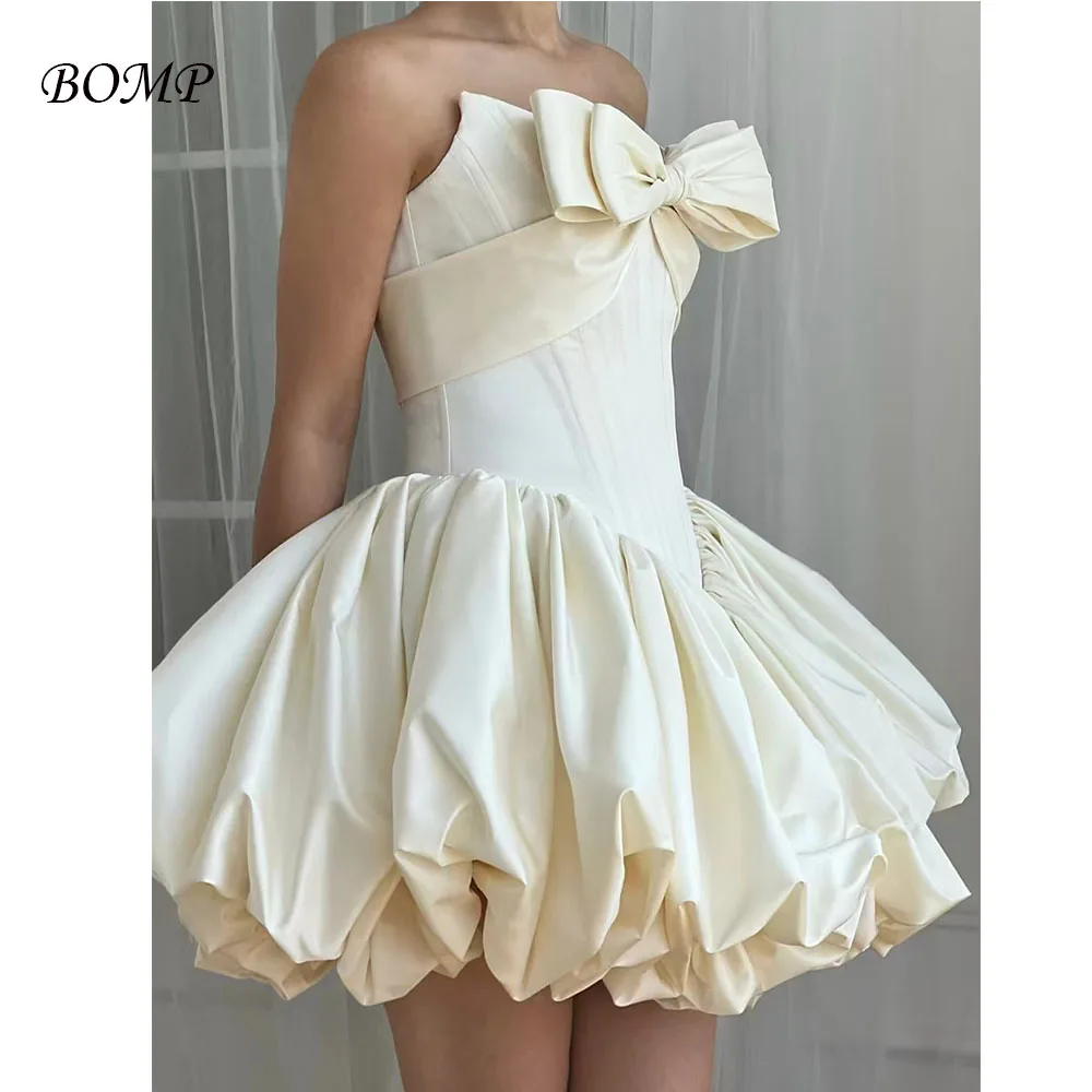 BOMP 클래식 보우 짧은 웨딩 파티 드레스 Strapless Draped A 라인 Taffeta Bridal Birthday Prom 가운 Custom Robe De Mariée