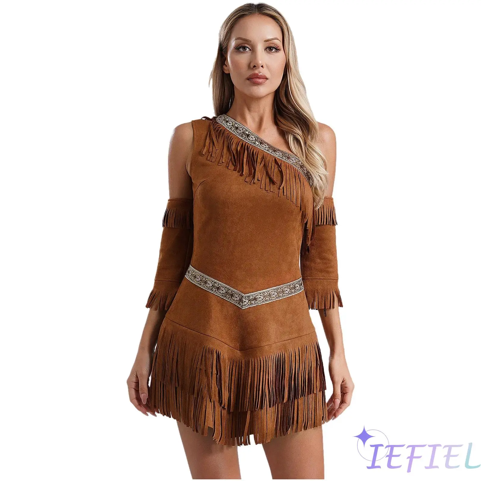 

Halloween Party Indian Indigenous Costume Women Hunter/Warrior Cosplay Outfit One Shoulder Fringe Dress with Tassel Sleeve