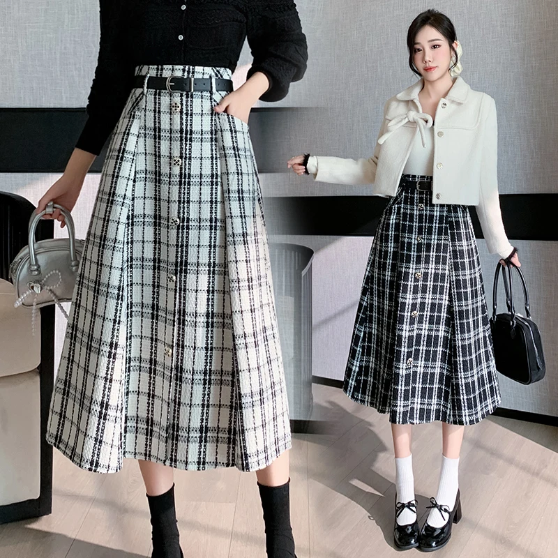 

Ladies Elegant Fashion Large Hem Woolen Cloth Long Plaid Skirt Women Clothes Girls Skirts Chic Casual Faldas Largas BPAS9375