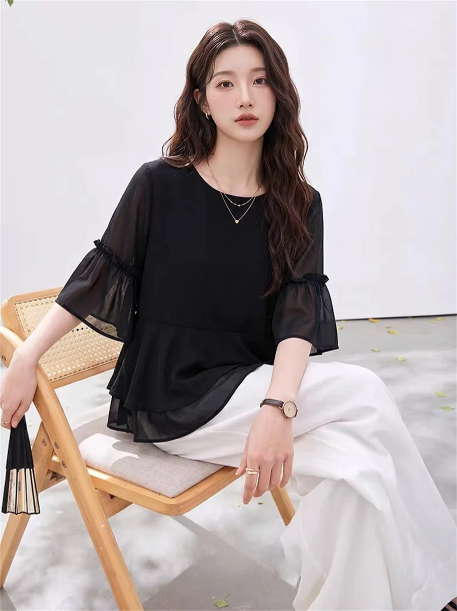 Blusa Elegante Plus Size Feminina de Manga Curta, Túnica Casual de Cor Sólida para o Verão, Uso no Escritório, Blusas para Férias