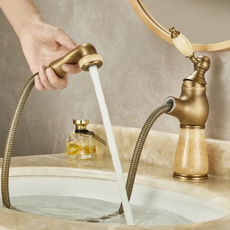 Pull Out Basin Faucet Bathroom Single lever Hot and Cold Antique Mixer Tap Faucet Brass Jade Basin Lavtory Faucet