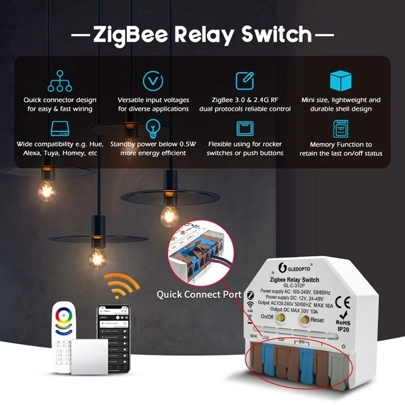 GLEDOPTO ZigBee 3.0 on OFF Relay Switch AC DC Power Electric APP Voice Control Push Switch for Alexa Tuya SmartThings GL-C-310P