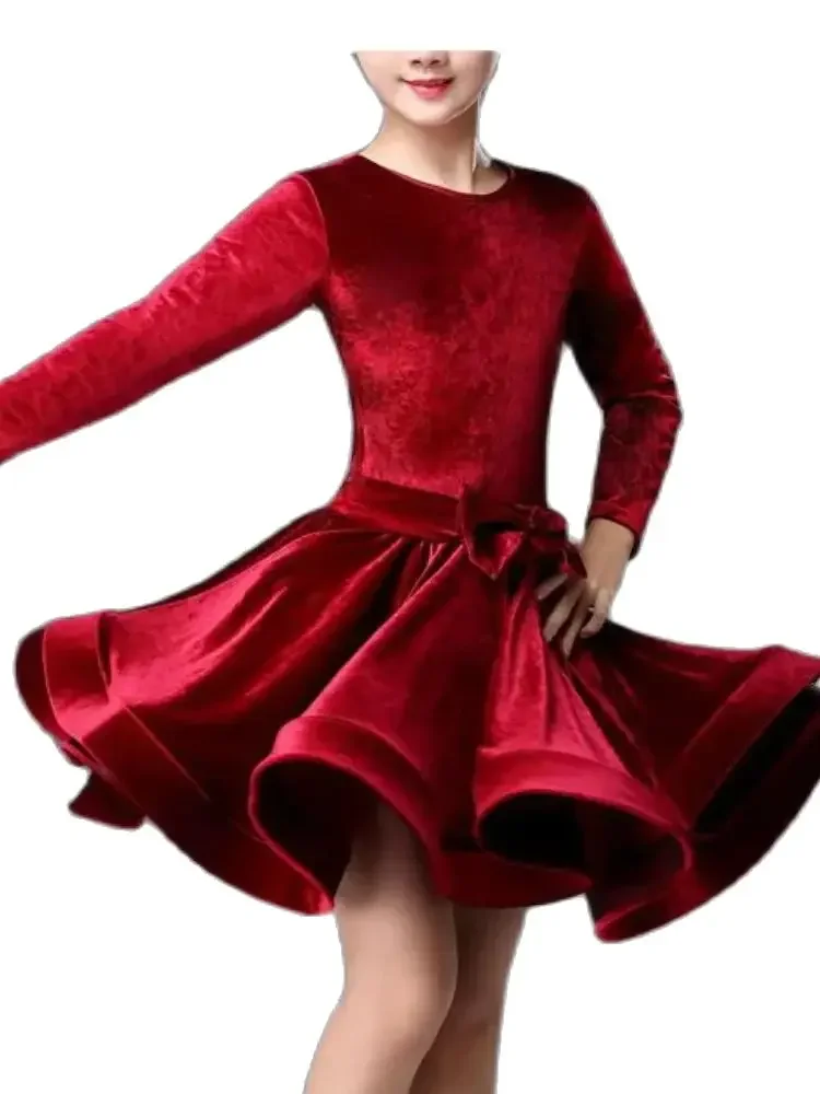 Velvet Ballroom Competition Stage Performance winter dancing dress Girls Long Sleeve Latin Dance Dress