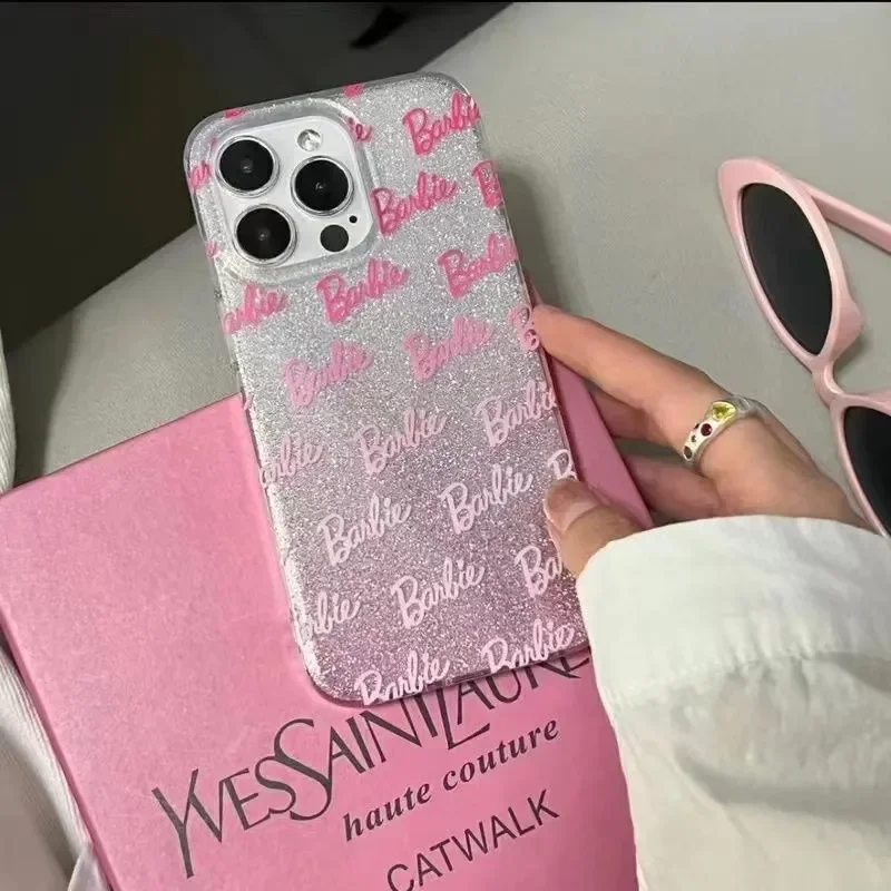 Ins Flash Powder Full Screen Barbie English Phone Case For iPhone 16 15 14 13 12 11 Pro Max XR XS Max 7 8 Plus MINI Y2K Cover