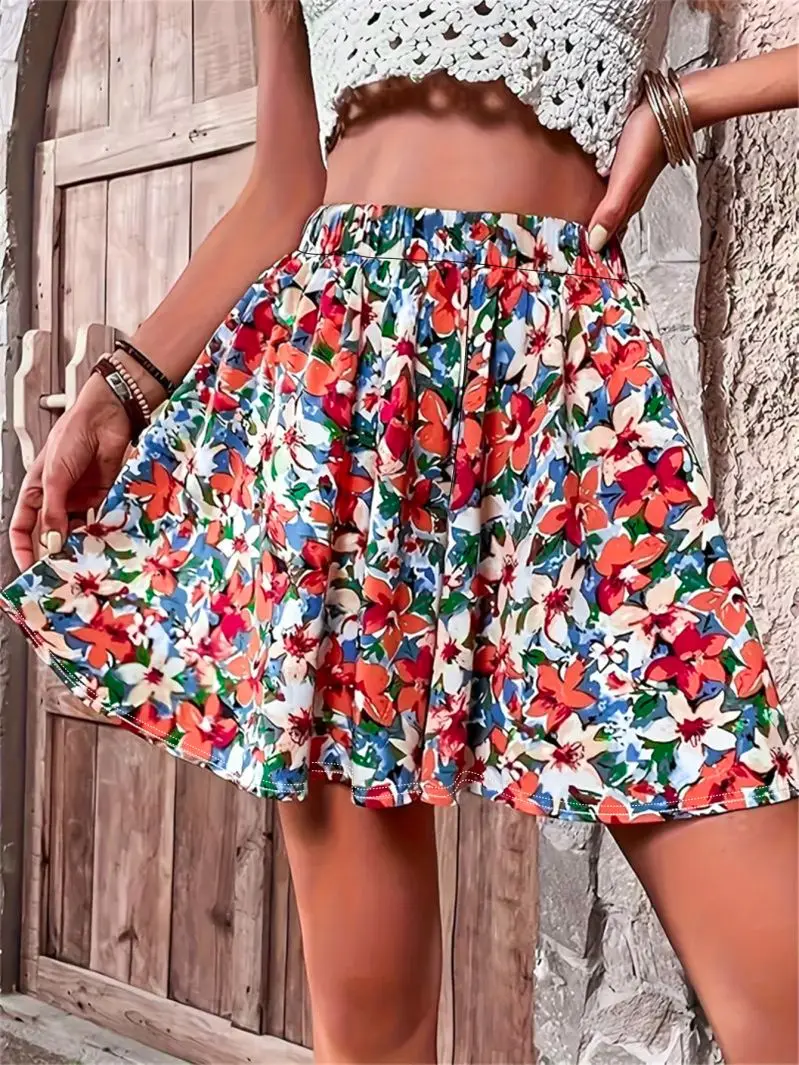 Retro Floral Print Elastic Waist Short Skirt Slimming Versatile Vacation Style for Women Country Chic Fashion