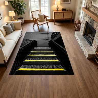 Industrial Metal Staircase Yellow Safety Stripe Carpet Flooring Loft Style Anti-Wear Floor Mat Suitable for Home Office Decoration