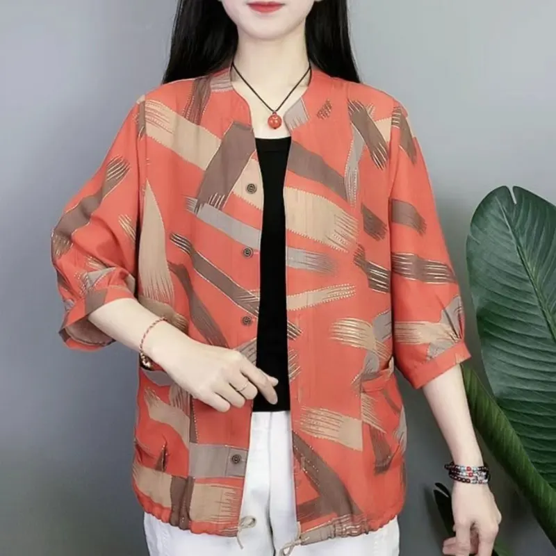 Casual Single-breasted Round Neck Shirt Fashion Hand-Painted Printed Women\'s Clothing Spring Summer Loose Pockets Spliced Blouse