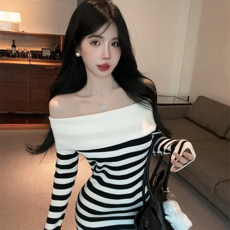 섹시 니트 드레스 원숄더 하이웨이스트 슬림핏 롱 슬리브 가을 겨울 스트라이프 이너웨어 캐주얼 엘레강스