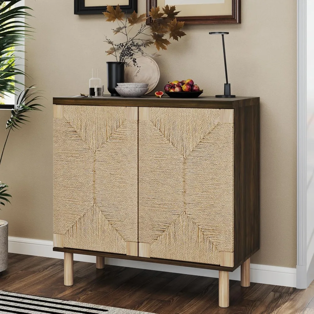

Boho Wood Accent Cabinet, Kitchen Storage Cabinets with 2 Seagrass Doors & Adjustable Shelf, Cabinet Storage for Hallway, Entryw