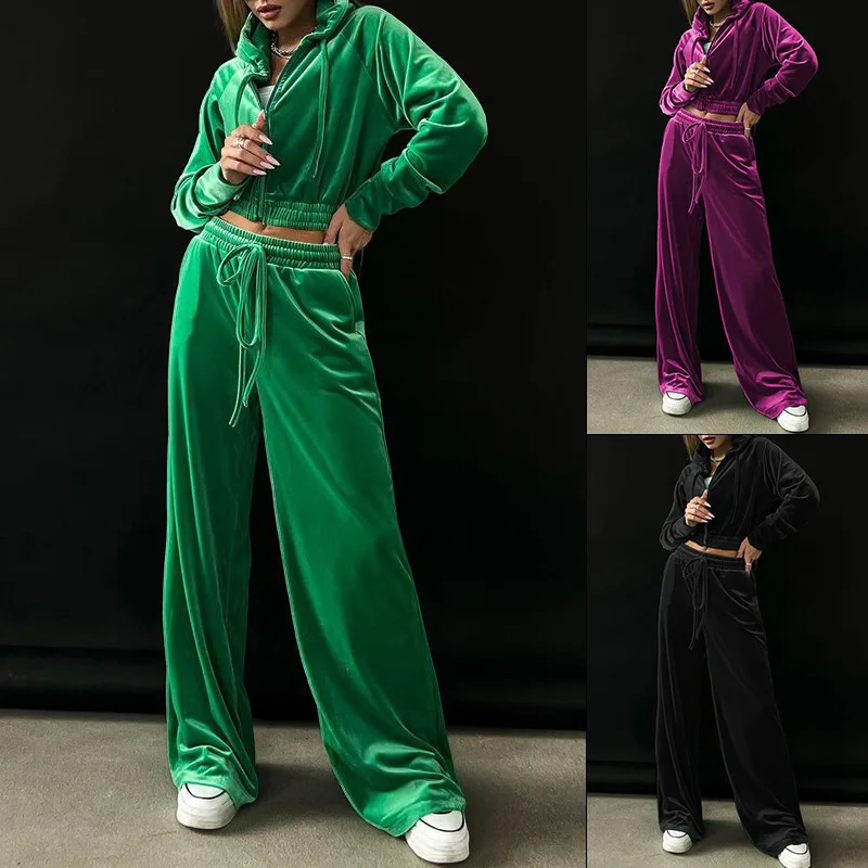 Sports Casual Pants Suit Autumn Winter New Women\'s Zipper Fashion Hooded Sweatshirt Gold Velvet Jacket Trousers Two-piece Set