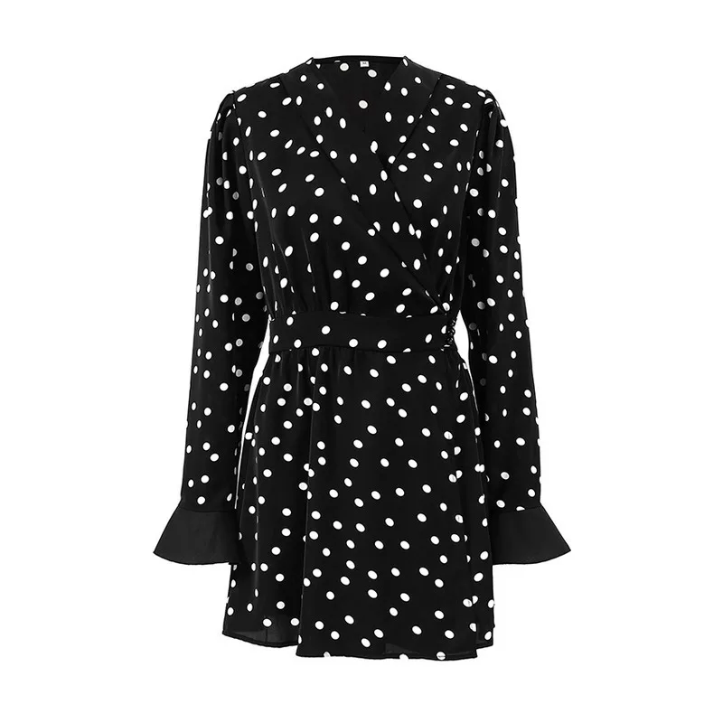 

Simple Temperament Polka Dot Lace Up Slim Fit Dress 2024 Autumn New Item Niche Fashion Bubble Sleeve Short Skirt For Women