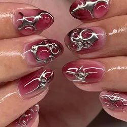 24pcs Silver Flame Gradient Fake Nails With Stripe Decor Red Y2k Press On Acyrlic Nails Short Almond French False Nails Wearable