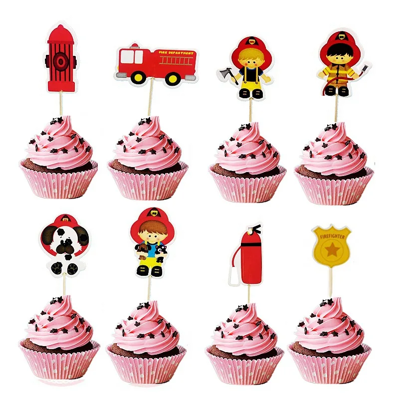 Cupcake Toppers with Wooden Sticks for Kids, Firefighter Cake Toppers, Birthday Party Decorations, Baby Shower Supplies, 24Pcs