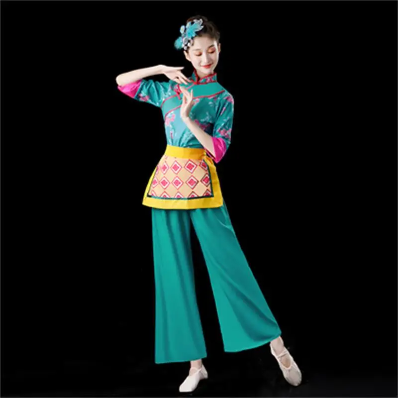 Trajes de yangge para mujer, trajes de actuación, nuevo estilo de pueblo tradicional gu, trajes de baile de té, baile folclórico, conjunto de baile cuadrado