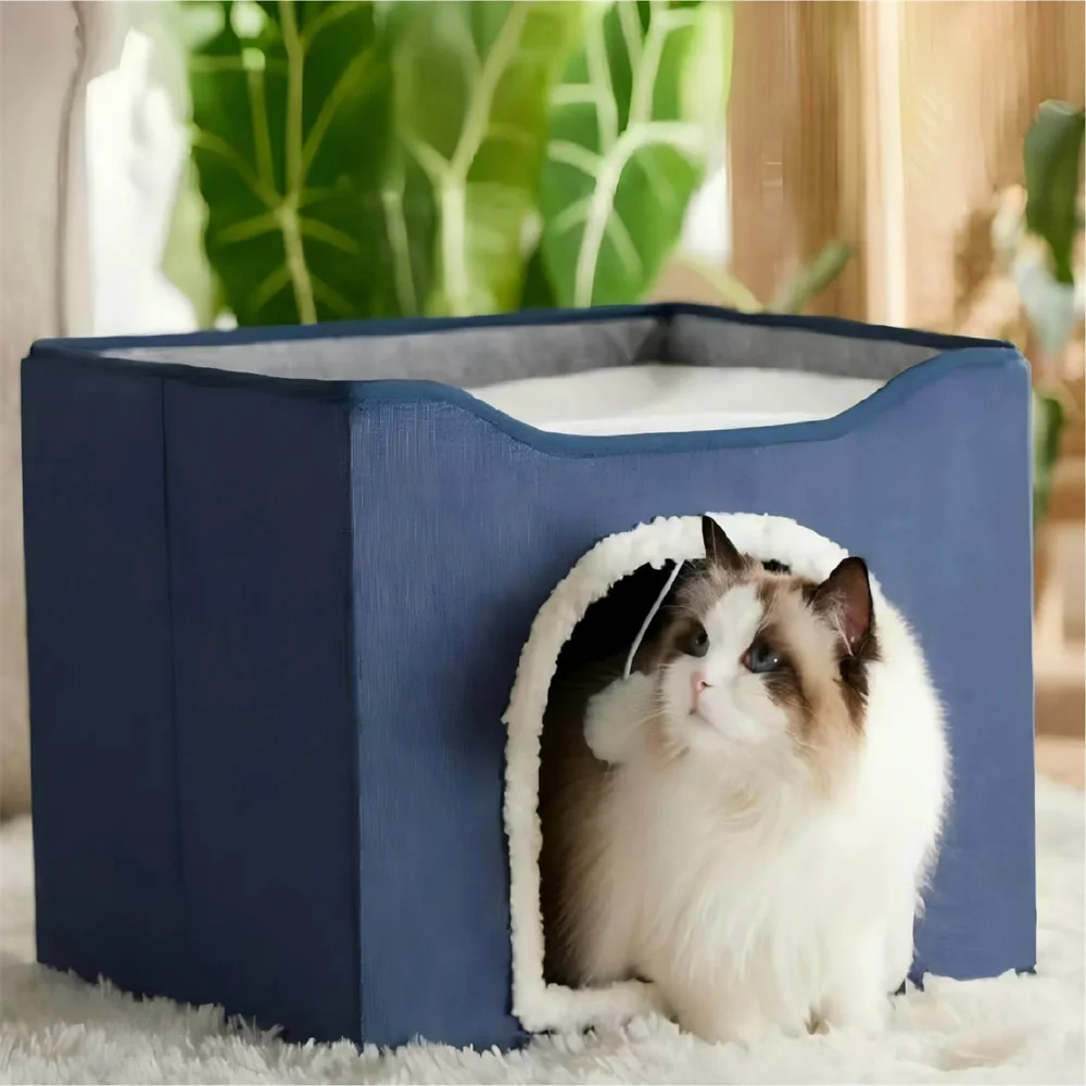 

Складной двухуровневый плюшевый домик-лежанка для кошек с когтеточкой и подвесным мячиком, синяя льняная лежанка-пещера для кошек, мебель-убежище для домашних кошек