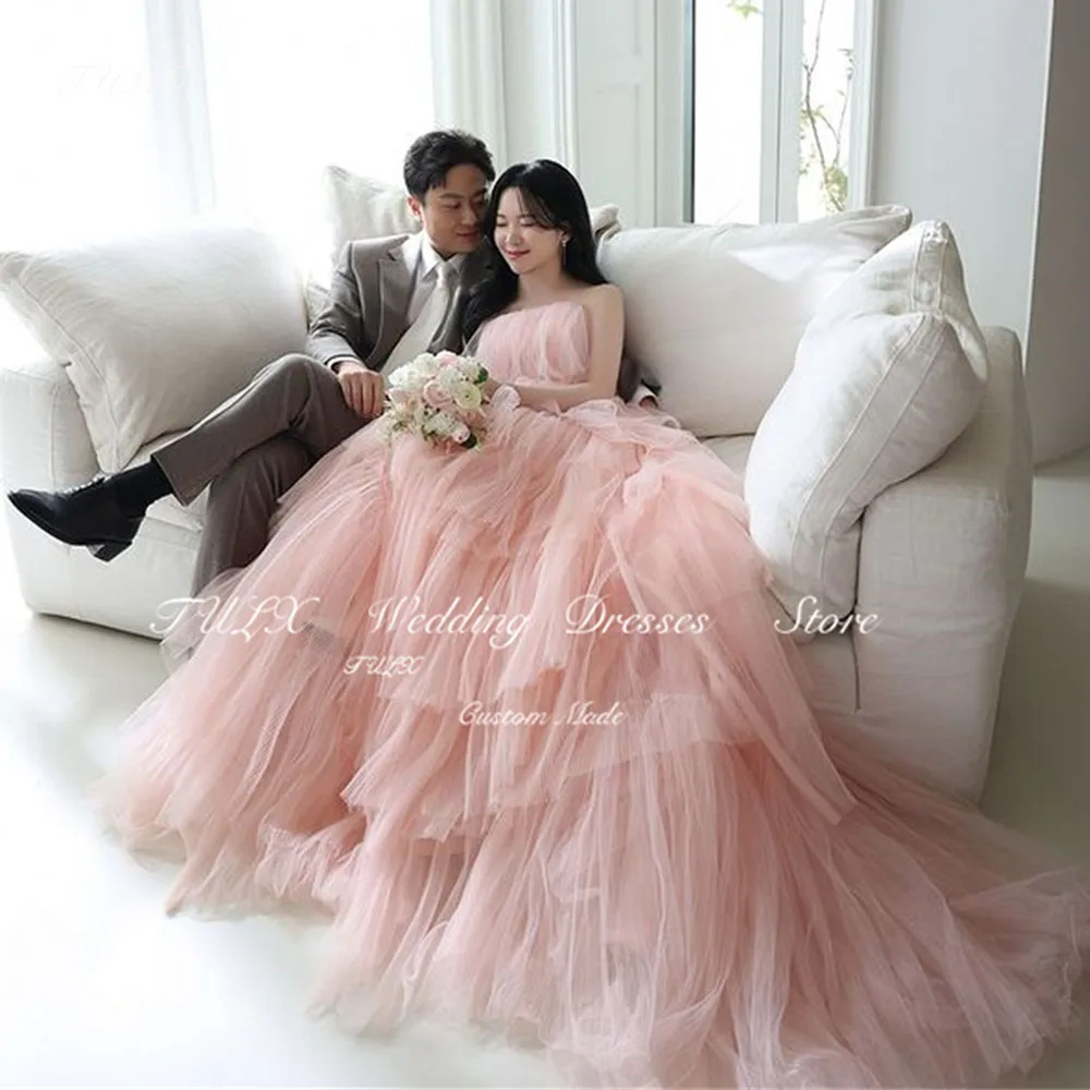 TULX Luxury Strapless Sleeveless Korea Wedding Party Dress Tulle Tiered Floor Lengt Evening Dress Women Corset Bridal Prom Gown