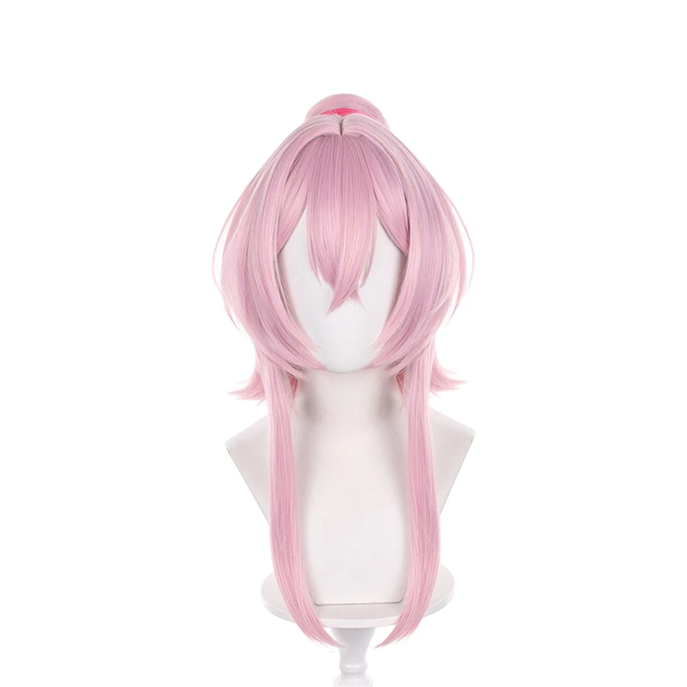 Pink Long Straight Synthetic Wig 50cm Anime Style High Bun Ponytail with Side Bangs Cosplay Party Costume Hair for Women Girls