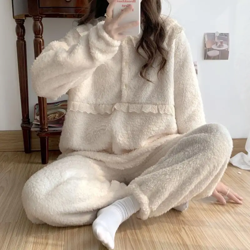 

Women's Pajamas Set Lamb Velvet Coral Fleece Large Collar Lace Trim Winter Warm Thick Sleepwear Loungewear Home Clothes for Girl