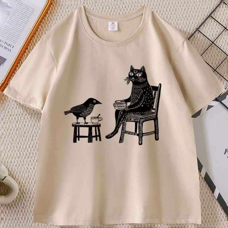 Coffee and Tea with Friends Graphic T-Shirt  Women Funny Hipster Animal Drawing T Shirt Unique Cat Bird Tshirts Streetwear