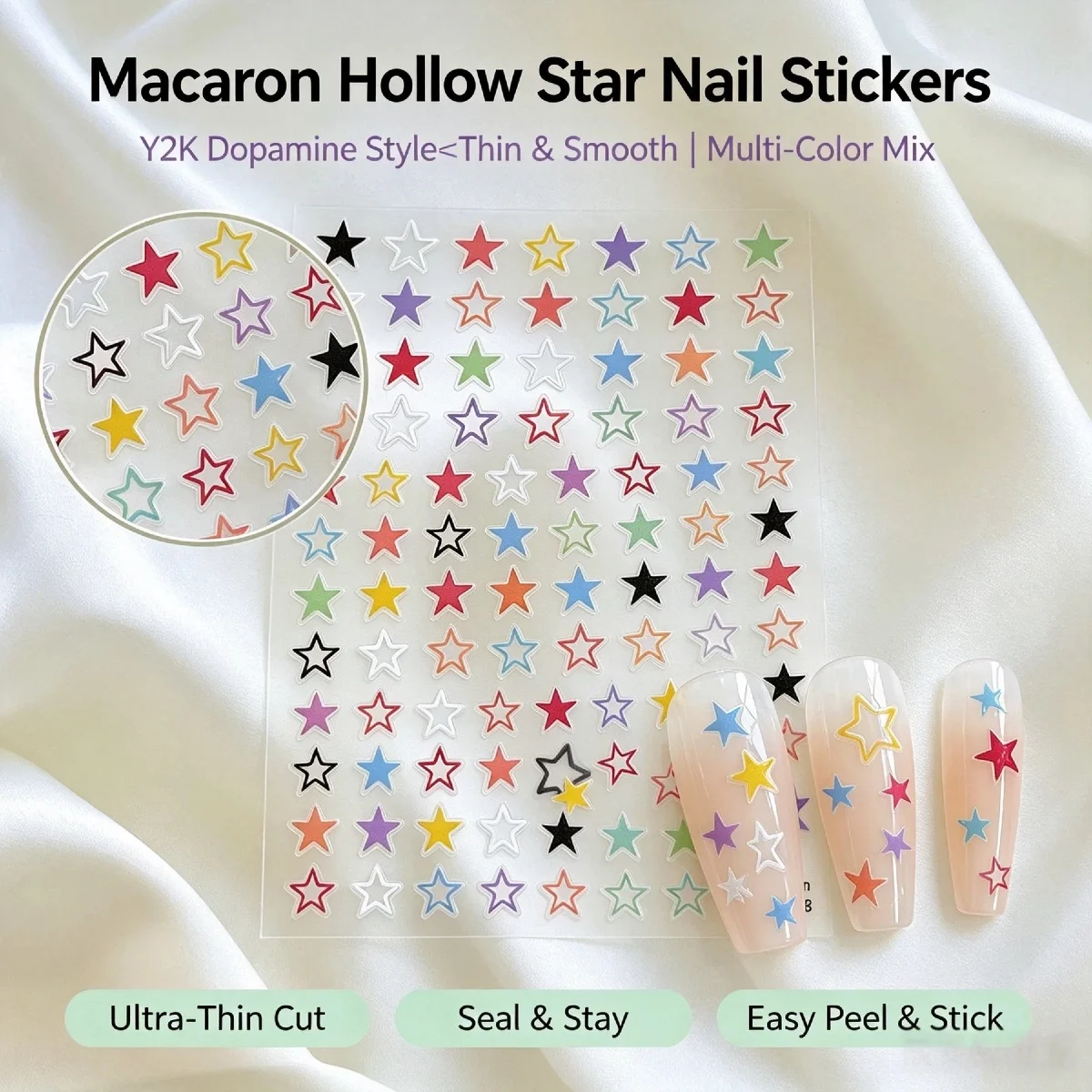 Multicolor Hollow Star Nail Stickers, Y2K Dopamine Nail Decals, Kawaii Mini Star Nail Art, Macaron Color Star Nail Stickers