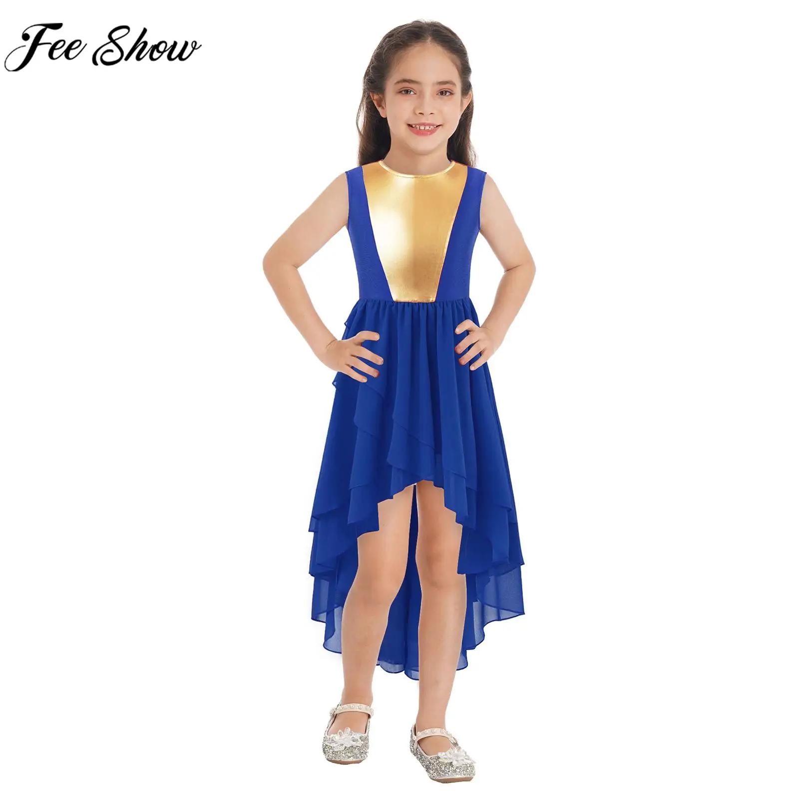 Children Girls Church Choir Worship Dress Sleeveless High-Low Hem Leotard Dress Dancewear for Praise Lyrical Dance Performance