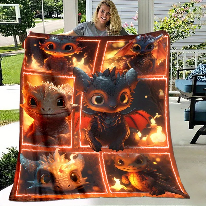 1pc Cozy Cute Cartoon Fire Dragon Puzzle Print Blanket - Lightweight Flannel Throw For Sofa Bed Livingroom Office Couch Travel C