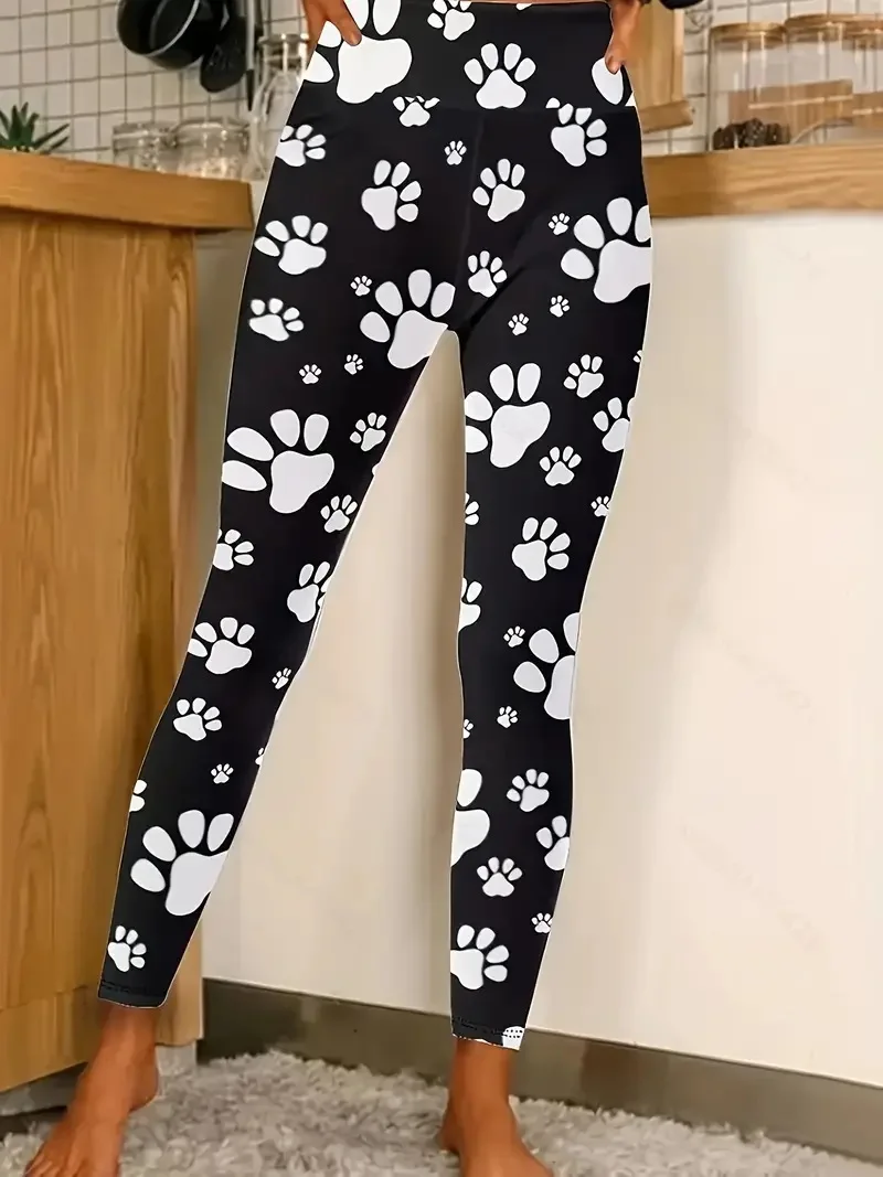 Cute cat paw print casual hip lift elastic elastic waist tight-fitting daily wear travel working women\'s leggings