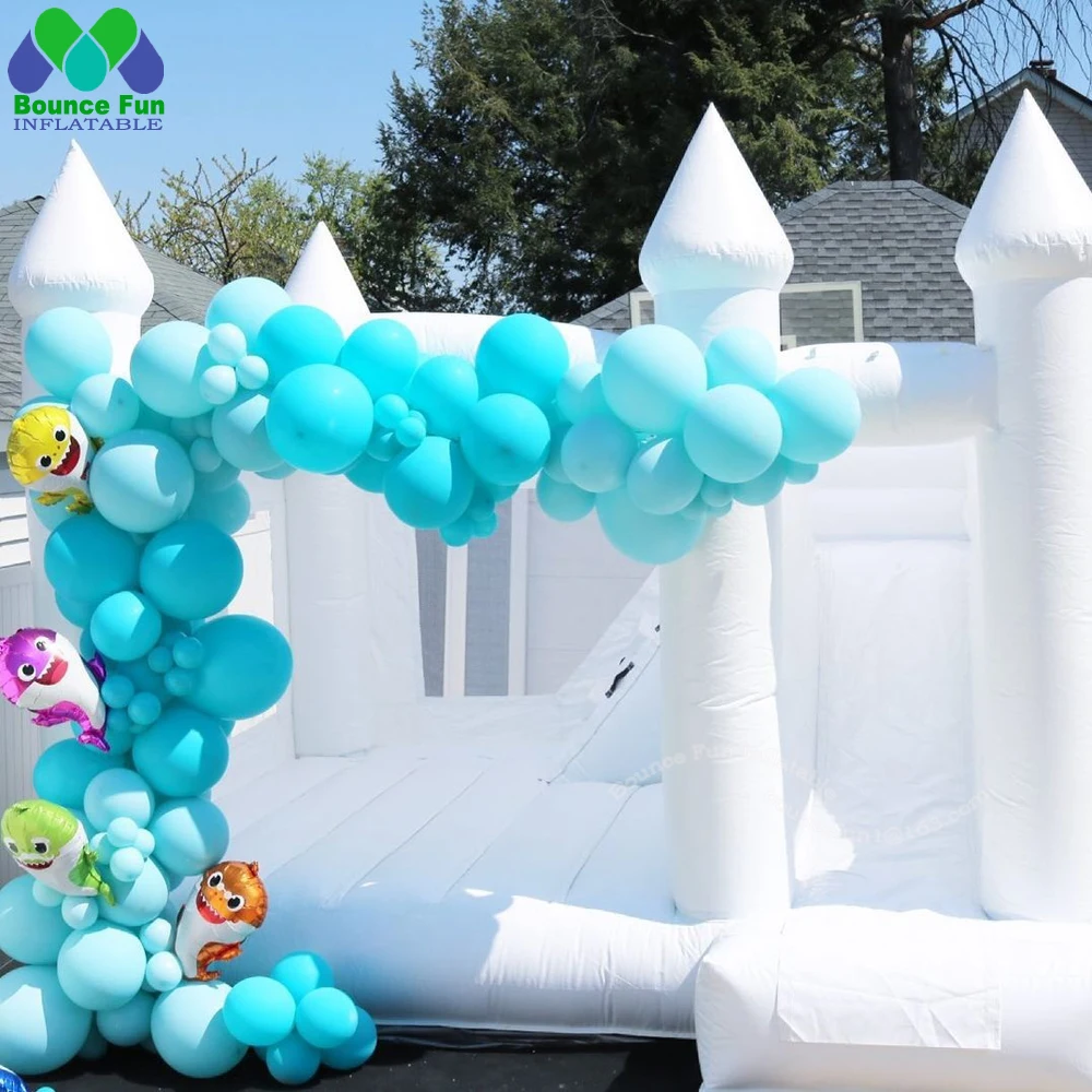 Commercial White Wedding Bounce House With Turret Top Inflatable Bouncy Castle Slide Combo For Kids And Adults