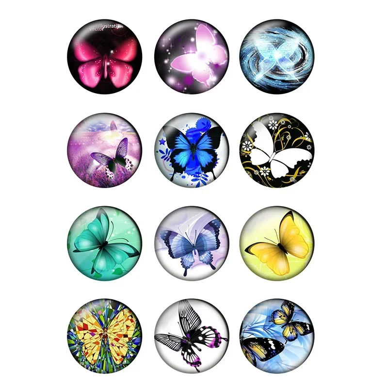 12pcs/lot Cartoon Butterfly 8mm To 25mm 24 Different Round Photo Glass Cabochon Demo Making Findings for DIY Jewelry T088