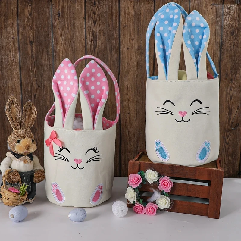 Easter Bunny Basket For Kids Blue/Pink Embroidery Bunny Ears Polka Dot Candy Gift Bucket Party Decoration