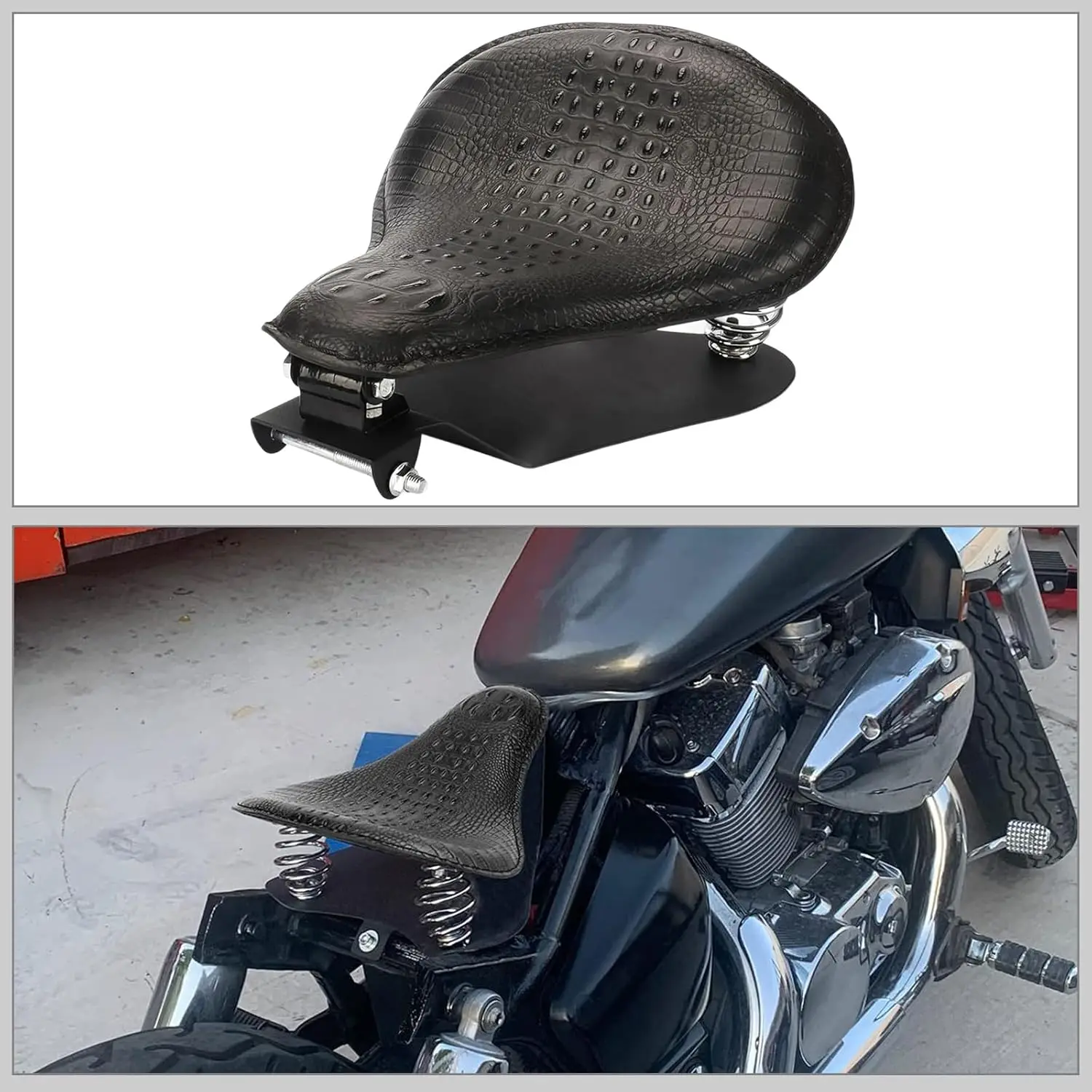 Motorcycle Solo Drive Seat Black Crocodile Leather Bobber Cushion with Mounting Seatbase Spring Bracket Kit Replacement for Harl