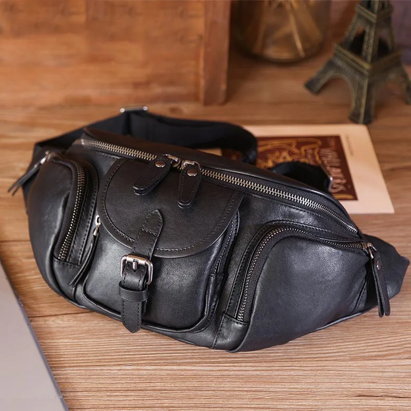 Genuine Leather Men's Waist Bag 2 Use iPad Mini Travel Fanny Chest Pack Cowhide Belt Bag Male Small Waist Bag Phone Pouch