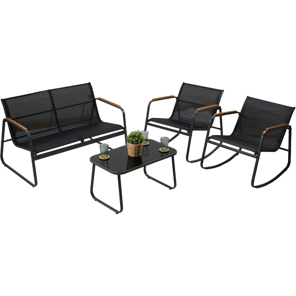 

4 Piece Patio Furniture Set Outdoor Conversation Set with 2 Patio Dining Chairs and Tempered Coffee Table Strong Powder Coated