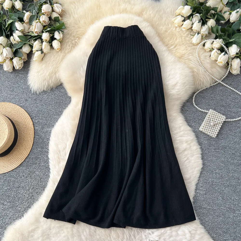 Damskie spódnice dzianinowe, plisowane, do kostek, w kształcie litery A, z elastyczną talią, luźne, eleganckie, codzienne, do biura, na wiosnę i jesień 2025.