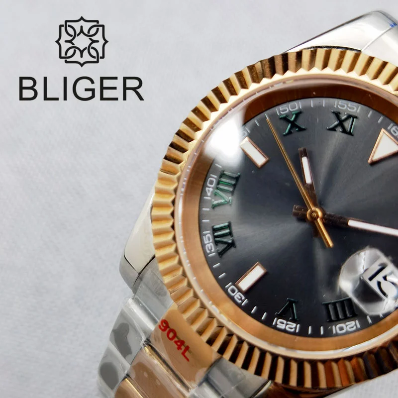 BLIGER 36mm/39mm NH35A Automatic Men Watch Two Tone Rose Gold Sapphire Glass Grey Dial Index Steel Strap Bracelet