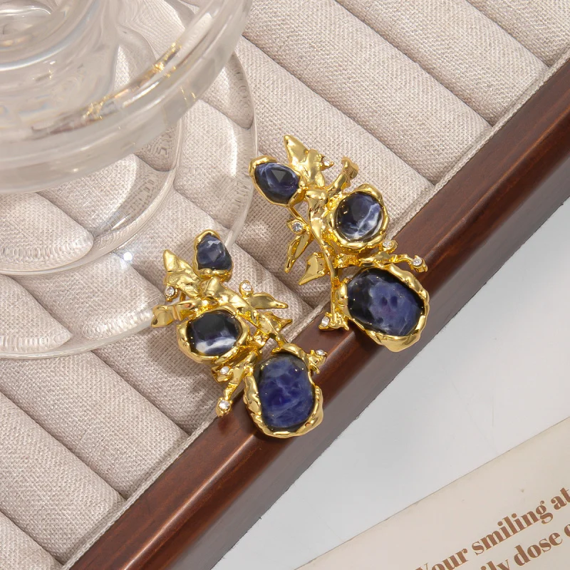 French Lapis Lazuli Stud Earrings Retro Symmetrical Advanced Metal Stud Earrings