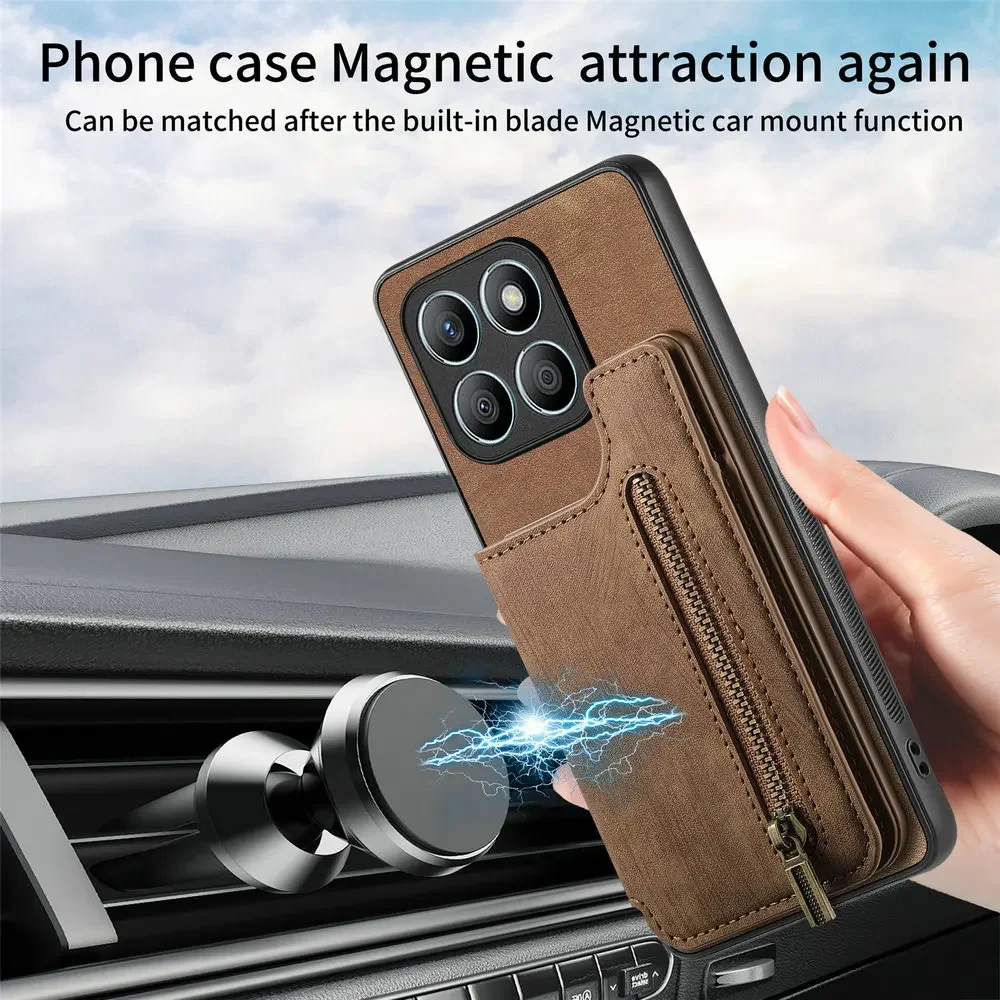 Honor 200 Pro 5G 2024 Leather Zipper Card Case Magnetic Wallet Funda Honor 200 Smart Case Phone Honor200 Lite 200Pro Back Cover