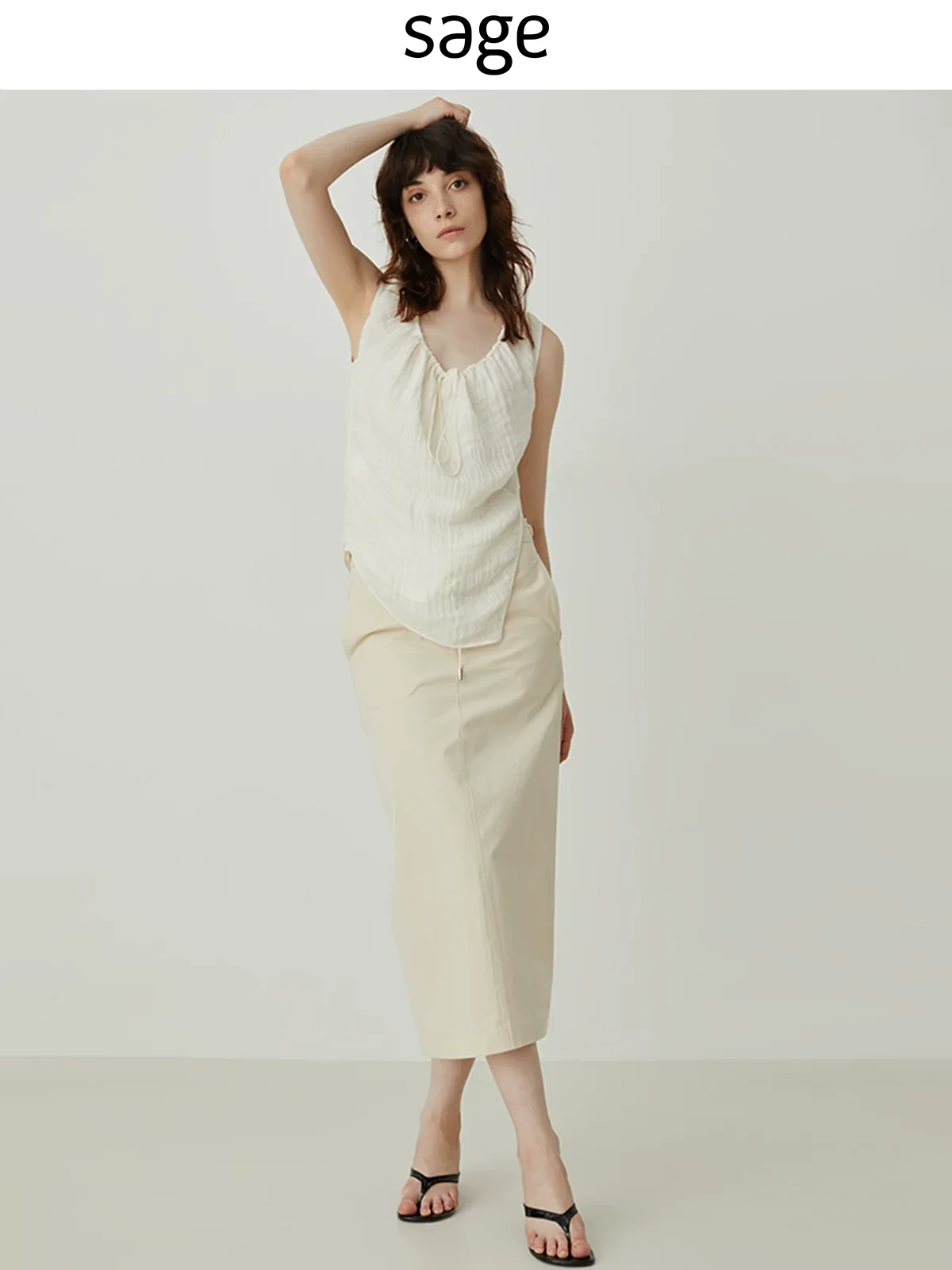 

Sagestudio l White Embroidered Belted Straight Split Midi Skirt Women's Faion Spring Summer Cotton High Waist Skirt