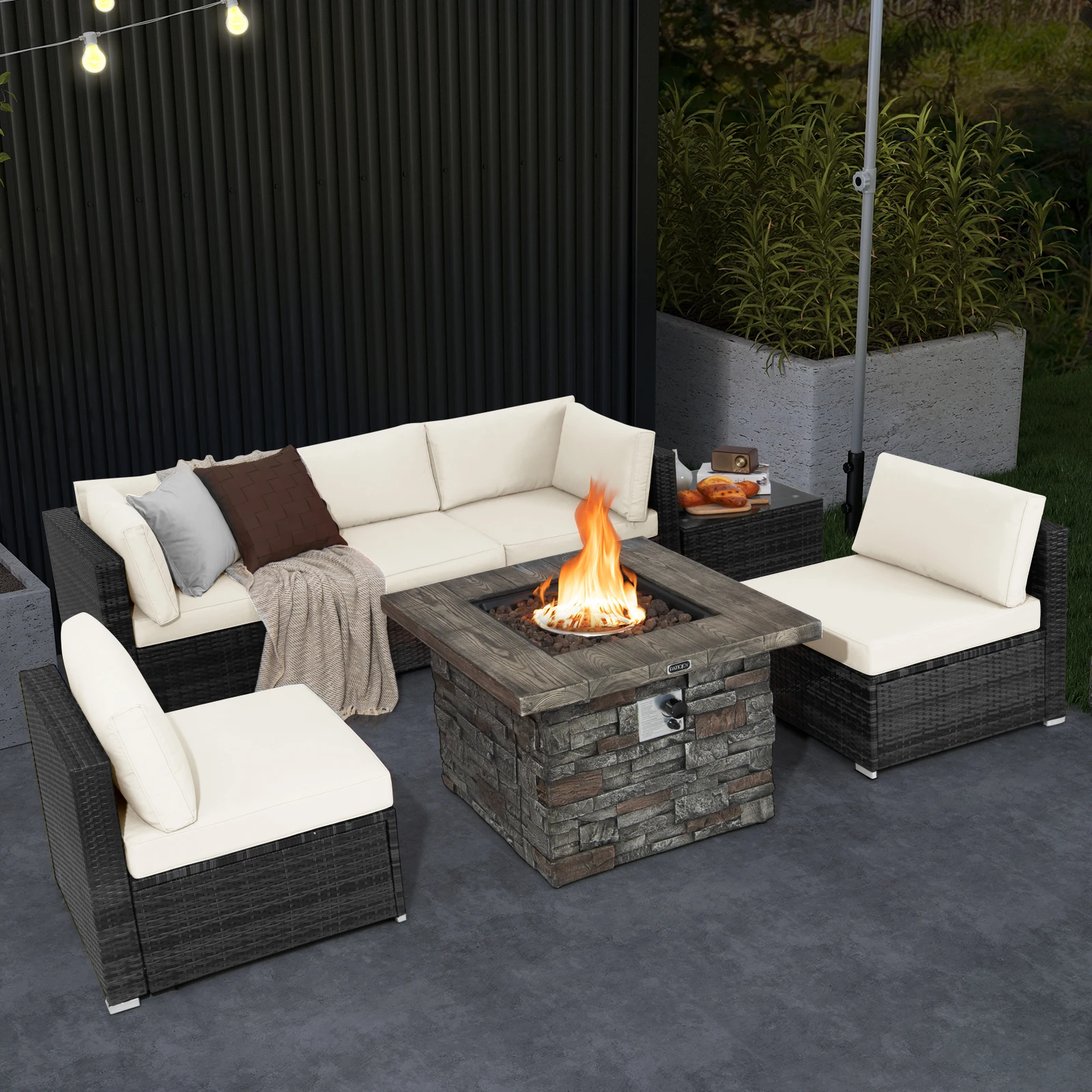 

7 PCS Patio Furniture Set with 50,000 BTU Fire Pit Table Wicker Sofa Set with Cushions Off White