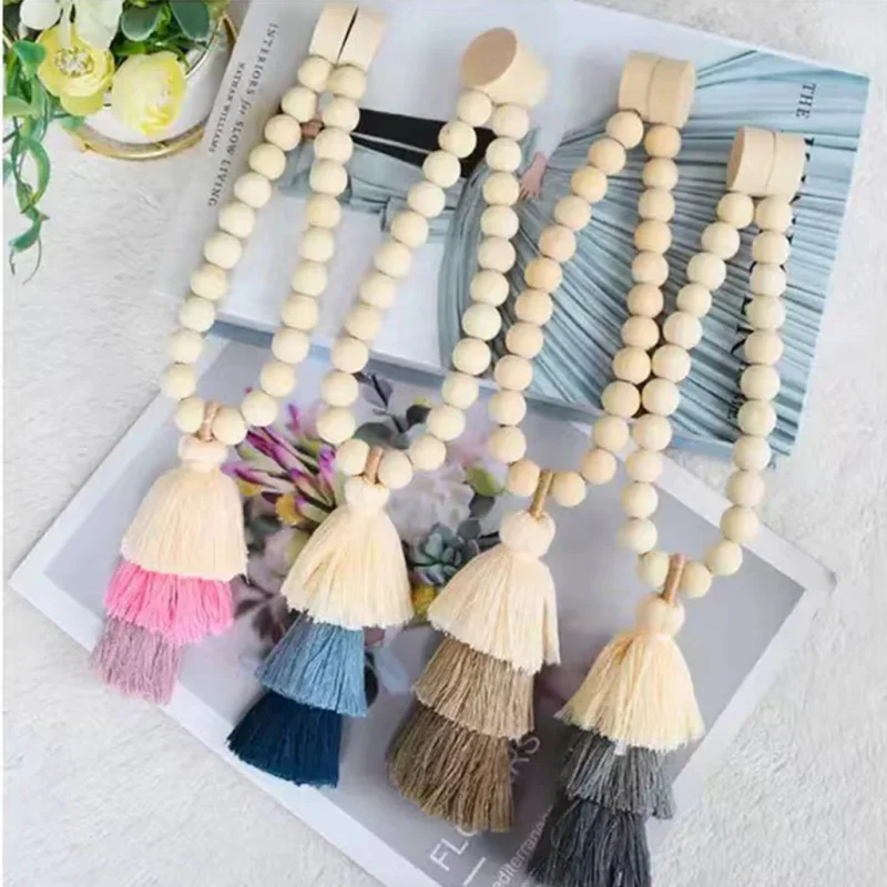 New cross-border product: Curtain tie-backs with cartoon rainbow wooden beads, light luxury French-style handmade sheer curtain